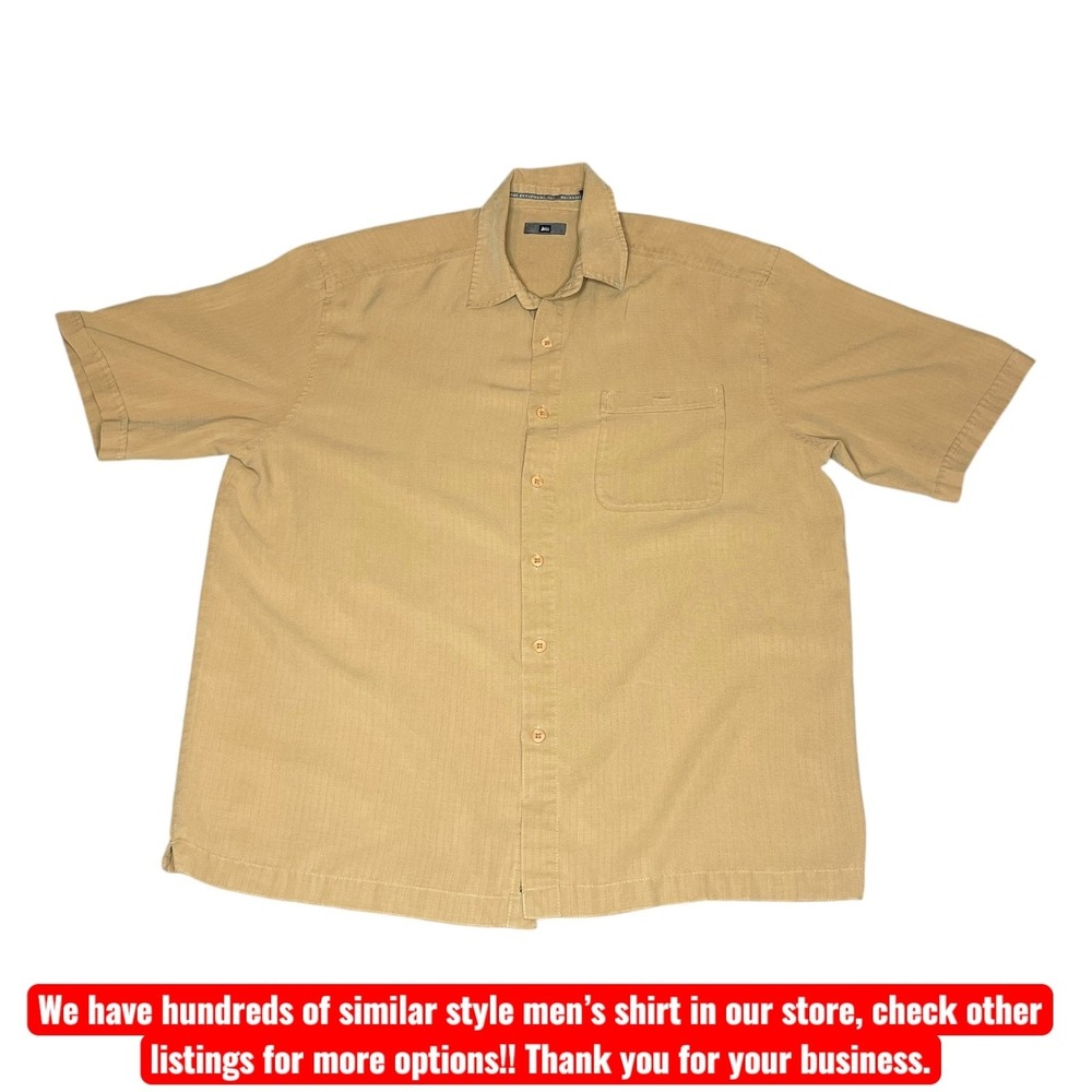 REI Mens Large Tan Khaki Short Sleeve Button Up Shirt Textured Rayon Blend LARGE